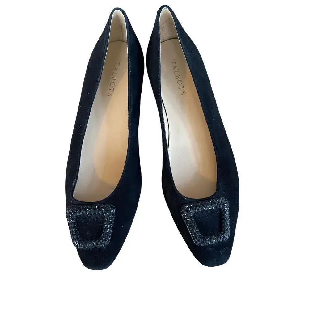 Talbots Womens Black Rhinestone Buckle Slip On Suede Flats Ballet Size 9